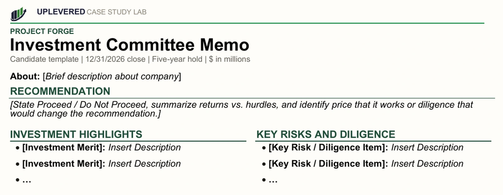 Blank investment memo template showing the recommendation, investment highlights, risks and diligence sections