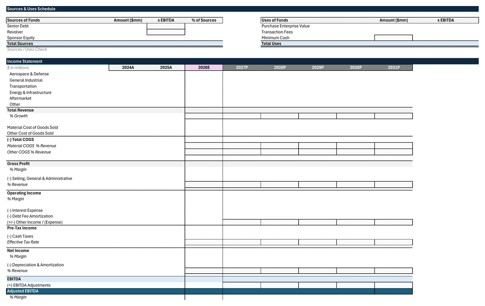Blank two-hour LBO workbook showing sources and uses and the income statement layout