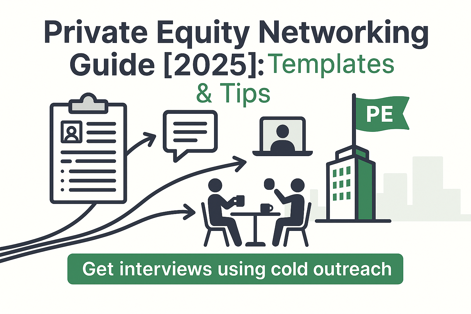 “Illustration showing a job seeker navigating private equity networking—from cold emails to coffee chats to interviews—with arrows pointing toward a private equity firm.”