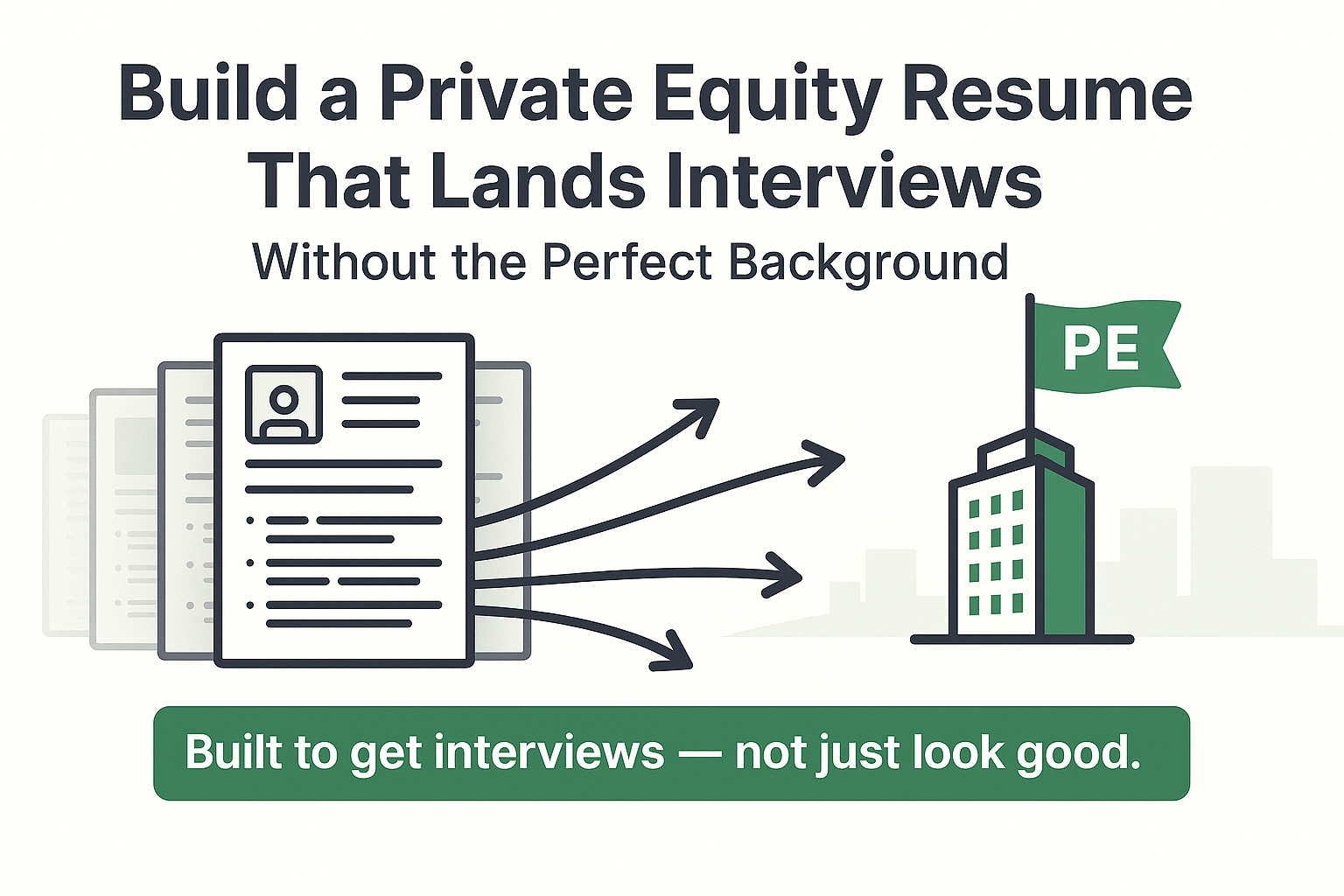 Private equity resume guide graphic showing resume funneling into PE interviews with key tips highlighted