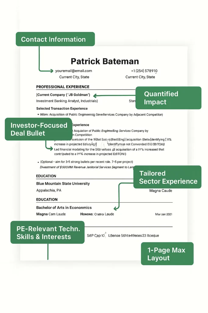 Annotated private equity resume template showing contact information, investor-focused deal bullet, quantified impact metrics, tailored sector experience, PE-relevant skills, and 1-page layout