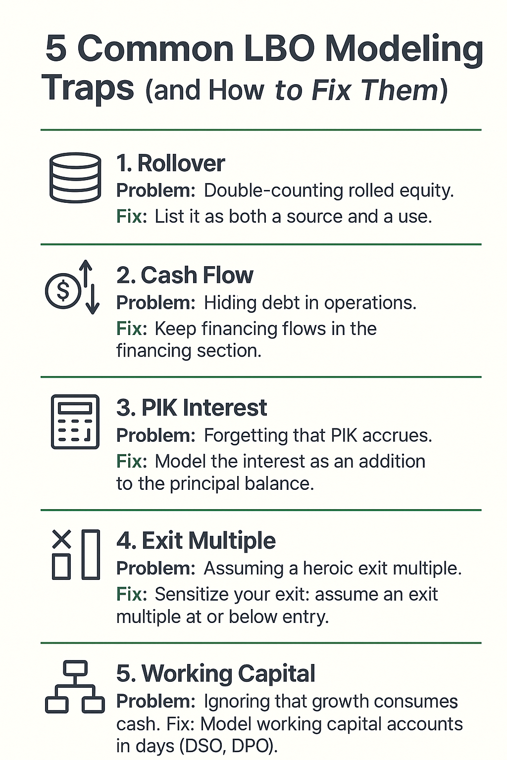 Infographic summarizing 5 common LBO modeling traps. Each trap—Rollover, Cash Flow, PIK Interest, Exit Multiple, and Working Capital—is listed with a common problem and a corresponding fix.
