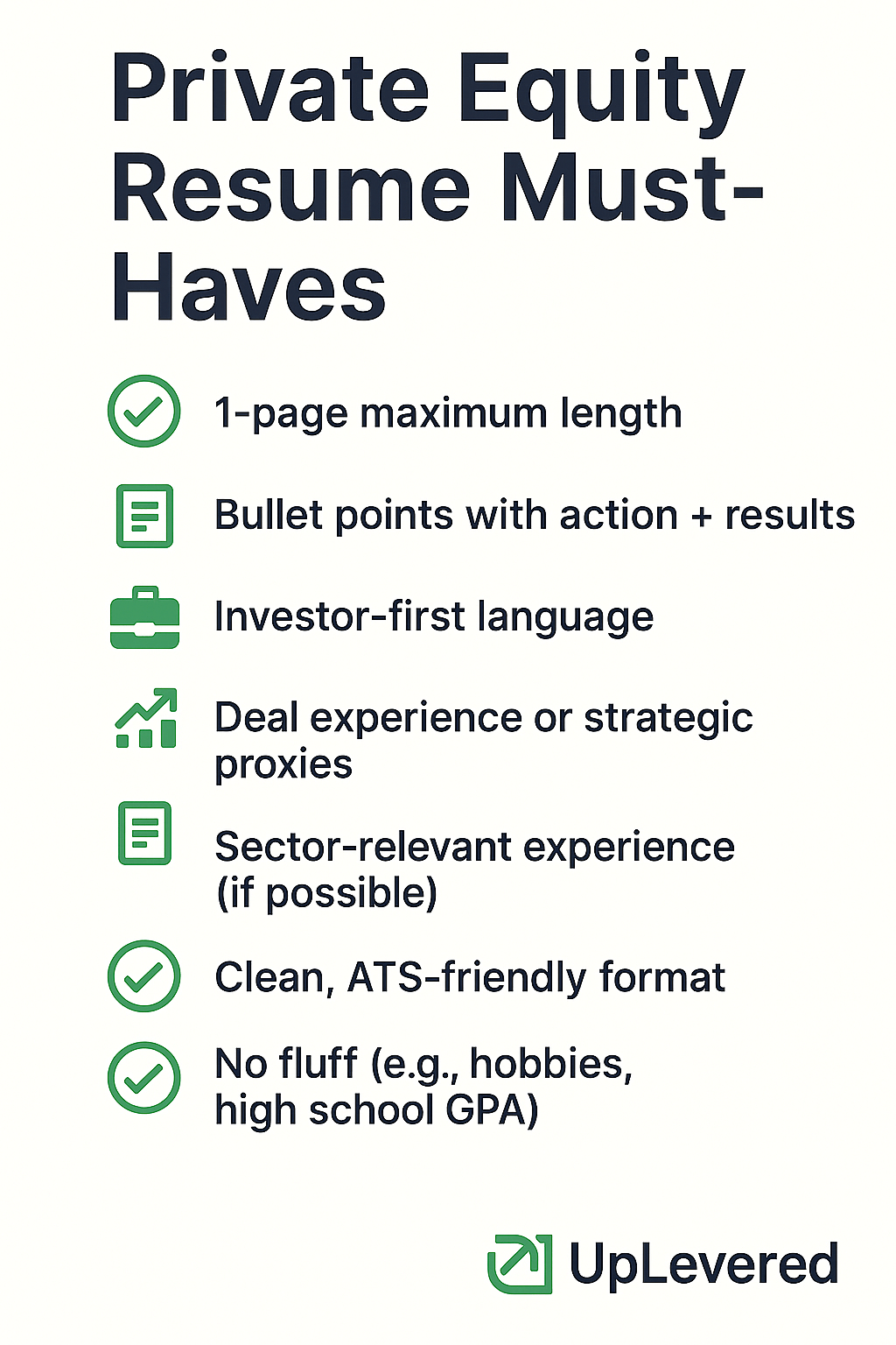 Checklist of private equity resume must-haves including deal bullets, investor language, and ATS-friendly formatting.