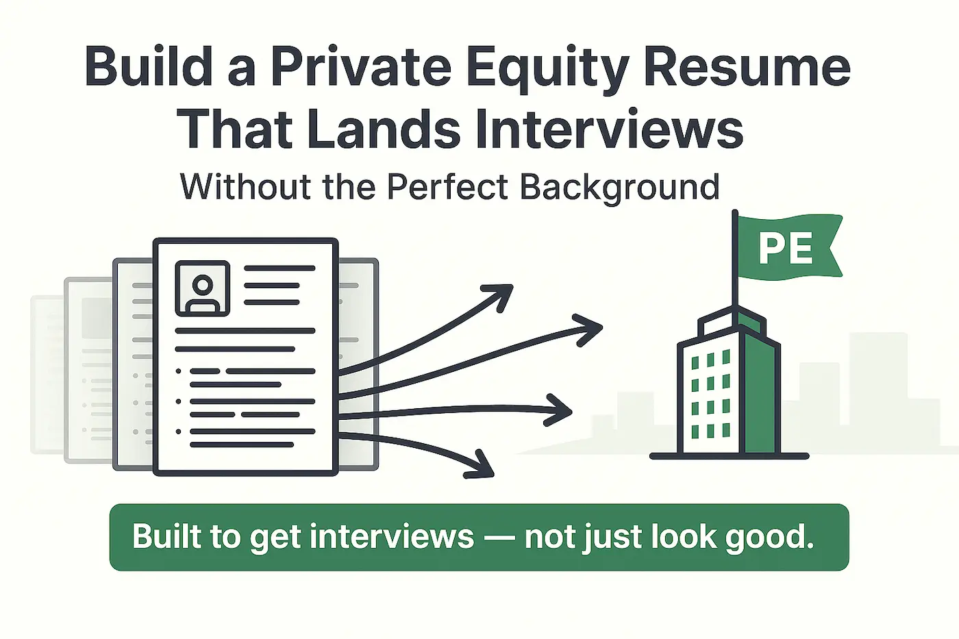 Illustration of a private-equity resume template funneling toward a PE firm icon – free download CTA.