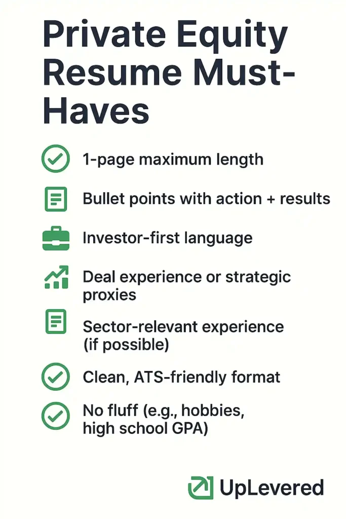 Checklist of private equity resume must-haves including deal bullets, investor language, and ATS-friendly formatting.