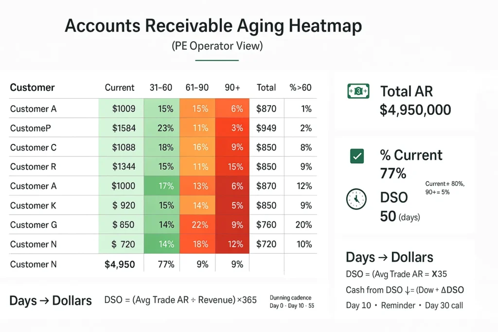 Accounts Receivable Aging Heatmap (PE Operator View): customer table with aging buckets 0–30, 31–60, 61–90, 90+ color-coded green→red; KPI panel showing Total AR, % Current, DSO, Top Past-Due; bottom “Days → Dollars” formulas and dunning cadence.
