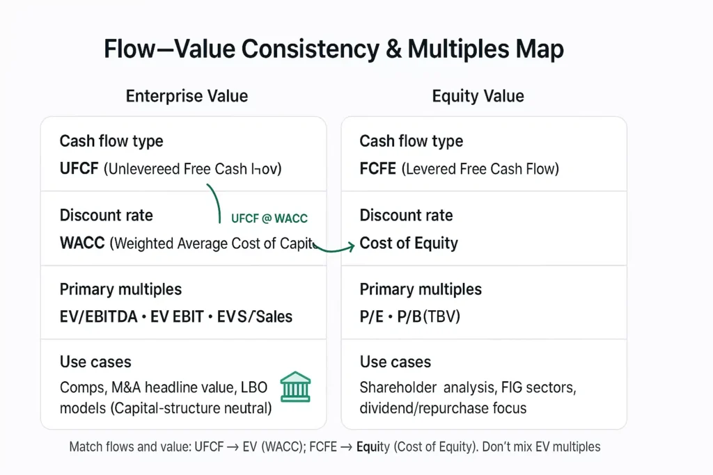 Flow–value consistency map showing UFCF discounted at WACC leads to Enterprise Value and EV multiples (EV/EBITDA, EV/EBIT, EV/Sales), while FCFE discounted at Cost of Equity leads to Equity Value and equity multiples (P/E, P/B).