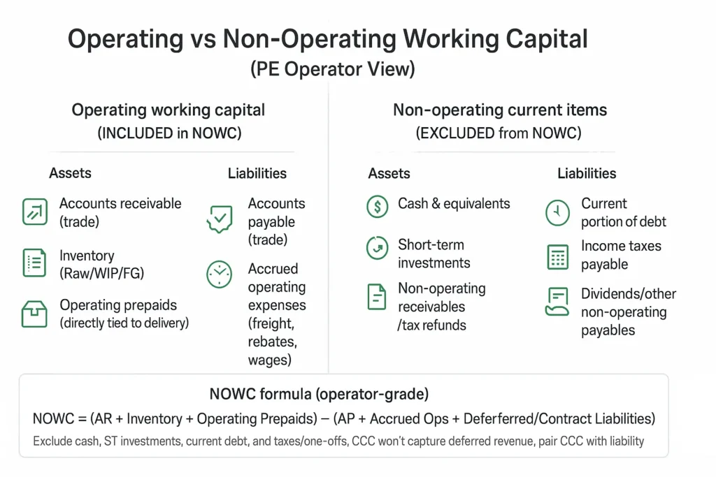 Net Operating Working Capital (NOWC) vs Non-Operating Working Capital (PE Operator View): two-column comparison of items INCLUDED in NOWC (AR, inventory, operating prepaids; AP, accrued ops, deferred revenue) versus EXCLUDED items (cash, short-term investments, non-op receivables; current debt, taxes payable, dividends), with NOWC formula callout.